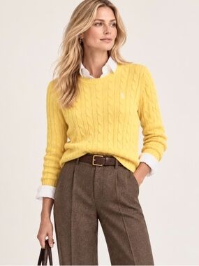 Polo Ralph Lauren Yellow Cable Knit Crewneck Sweater Preppy Classic Cotton XL